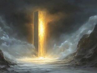 神秘光柱闪耀奇幻山海间