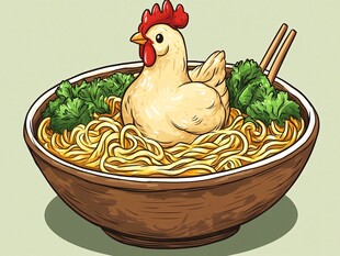 鸡汤面中的可爱母鸡插画