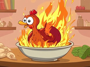 碗中着火的卡通母鸡