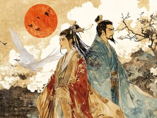 古风侠侣共赏红日飞鸟