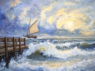 海上帆船与波涛中的码头