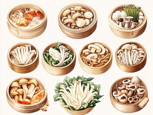 多样竹制蒸笼里的菌蔬美食