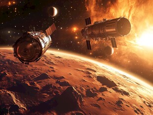 火星轨道上的宇宙飞船景象