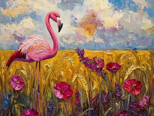 火烈鸟立于花海麦田间