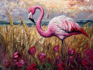 火烈鸟立于花海麦田间