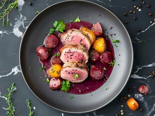 香煎嫩肉配多彩蔬菜摆盘