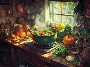 厨房中热气腾腾的烹饪场景