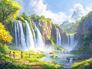 梦幻瀑布边的惬意时光