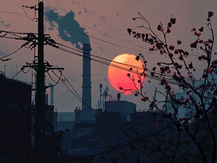 夕阳下的工业景象与花枝