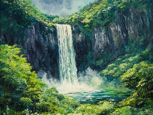 山间飞瀑绿意盎然之景