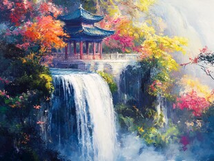 秋景中的亭台瀑布奇观