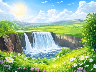 夏日瀑布边的梦幻自然美景