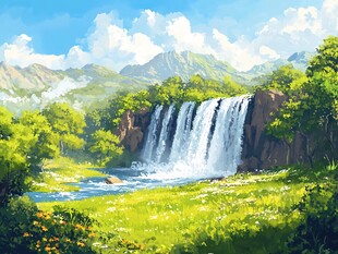 山间瀑布旁的绿野风光