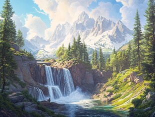 山间瀑布与壮丽雪山美景