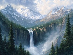 高山瀑布森林壮美自然景