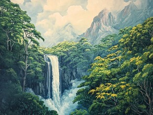 山间瀑布下的葱郁自然景观