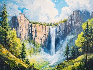 山间壮丽瀑布油画风景