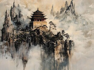 水墨山水间的古风楼阁