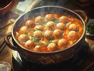 热气腾腾的肉丸火锅