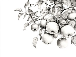 枝头硕果 黑白素描苹果图