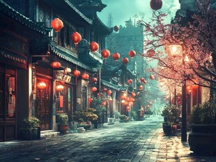 古街夜色灯笼映繁花