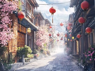 古巷繁花红灯笼春日景
