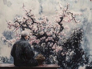 老人赏繁花之景