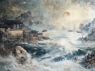 海上古景图 波涛伴古舍