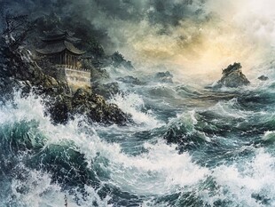 海浪拍岸的中式海岸景象