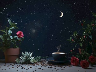 月夜下的咖啡与花卉静物