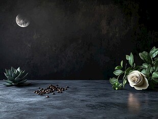 月夜下的绿植与咖啡豆