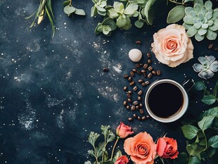 咖啡与花卉的惬意静物组合
