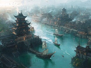 古风河畔繁华水上古城景