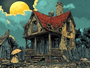 梦幻黄昏下的破旧小屋