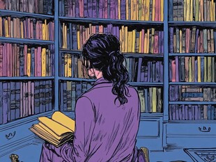 女孩在书架前专注读书