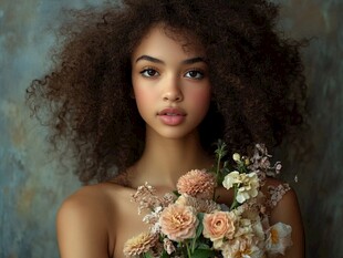 卷发少女手持柔美花束