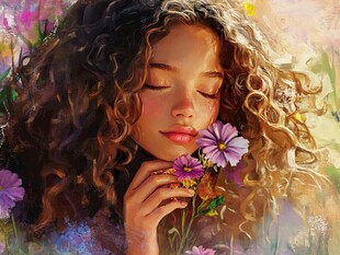 少女闻花 沉浸芬芳世界