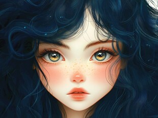梦幻蓝发雀斑少女头像