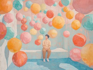 男孩置身多彩气球梦幻空间