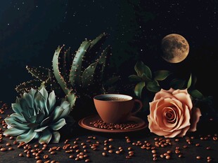 月夜下的咖啡与绿植花卉