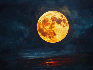 月夜海上的金黄满月