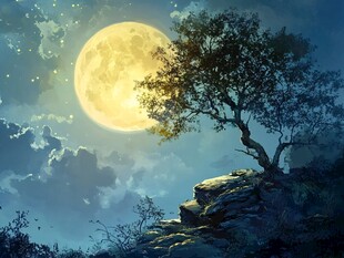 月夜孤树梦幻美景
