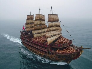 古代帆船在海上航行