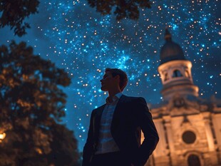 男子夜赏教堂星空美景