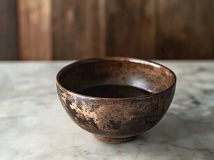 古朴陶碗静置于桌面