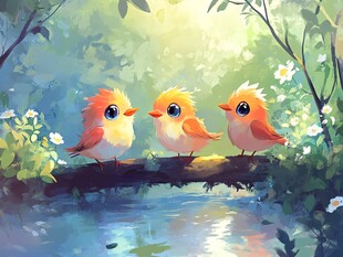 三只萌鸟栖于溪边树枝
