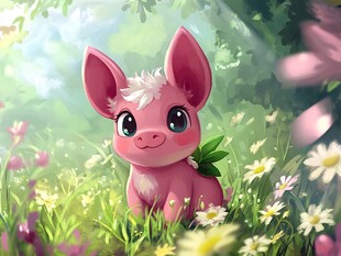 粉色萌宠坐于烂漫花丛中