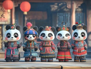 熊猫人偶演绎传统中式角色