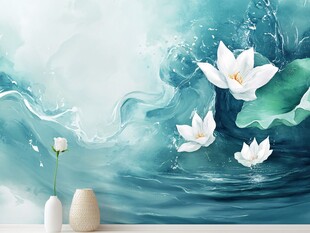 水墨荷花背景墙艺术画面