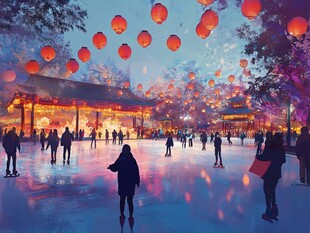 冰场夜色中灯笼下的欢乐